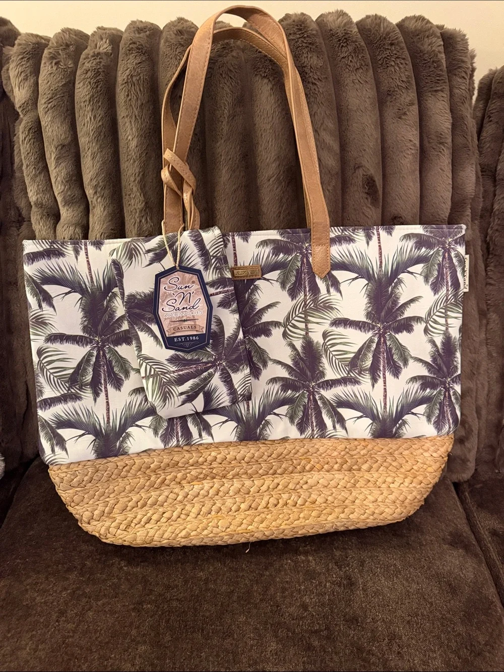 Sun N Sand Palm-Print Straw Tote with Tan Handles
